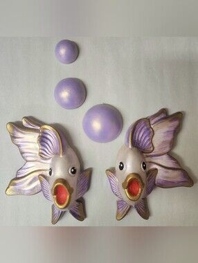 Purple & Gold Chalkware Fish Wall Accents - Playful Coastal Décor